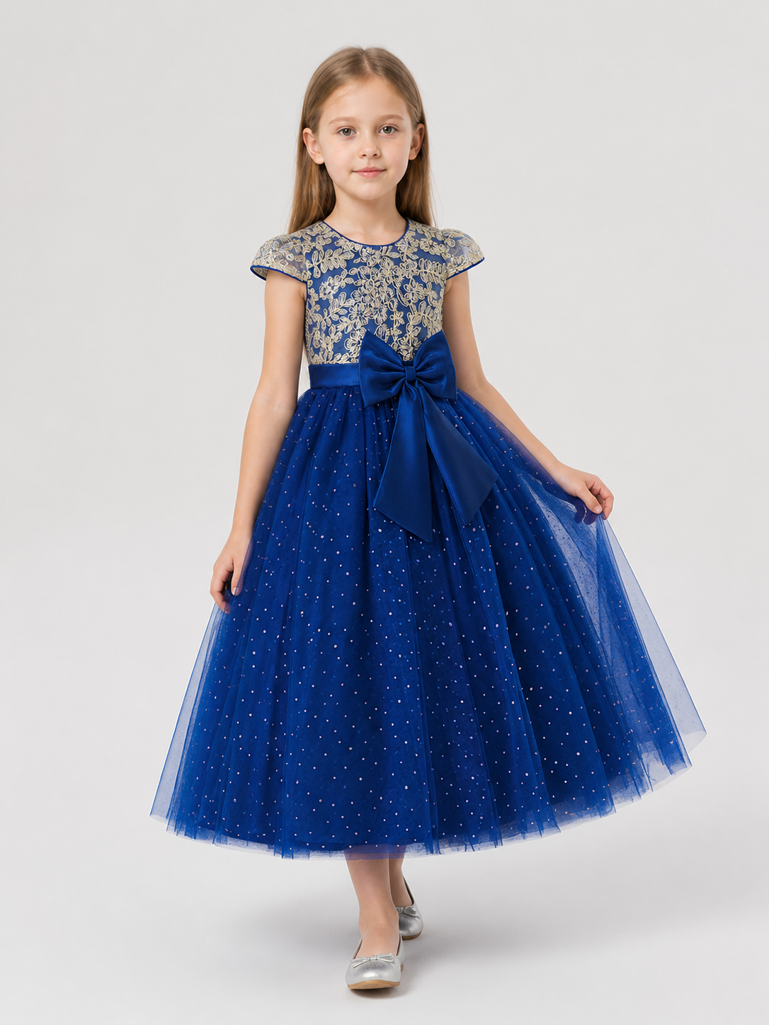 Festive Blue Princess Dress with Lace and Bow Costume Dresses detail 2