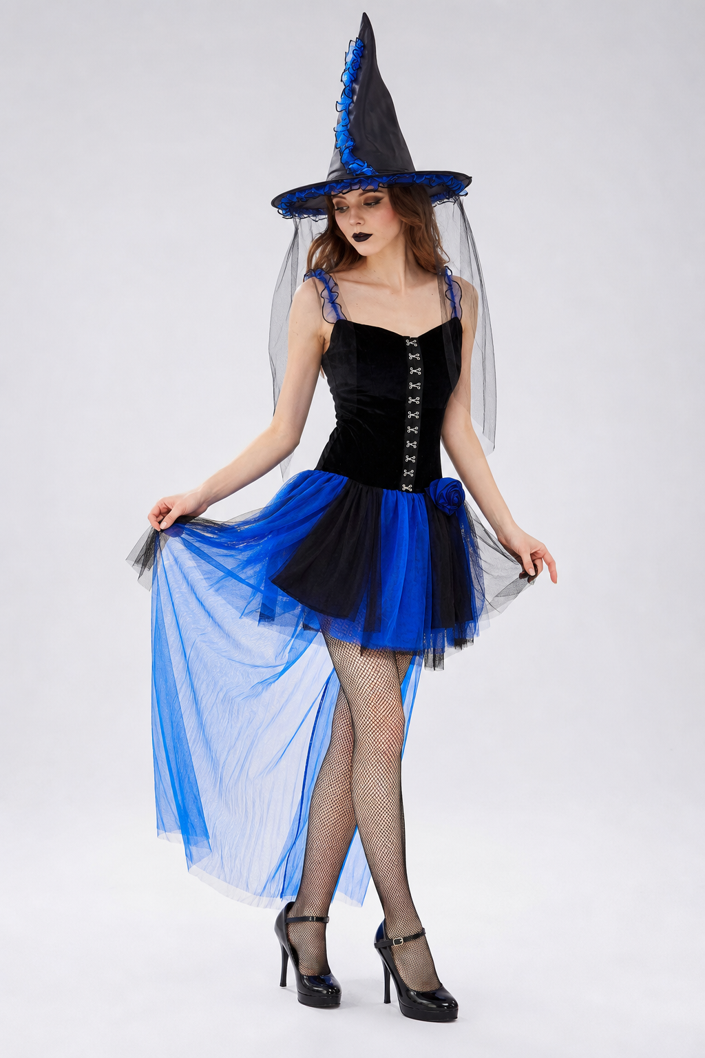 Witch Dress with Blue Roses and a Sheer Train