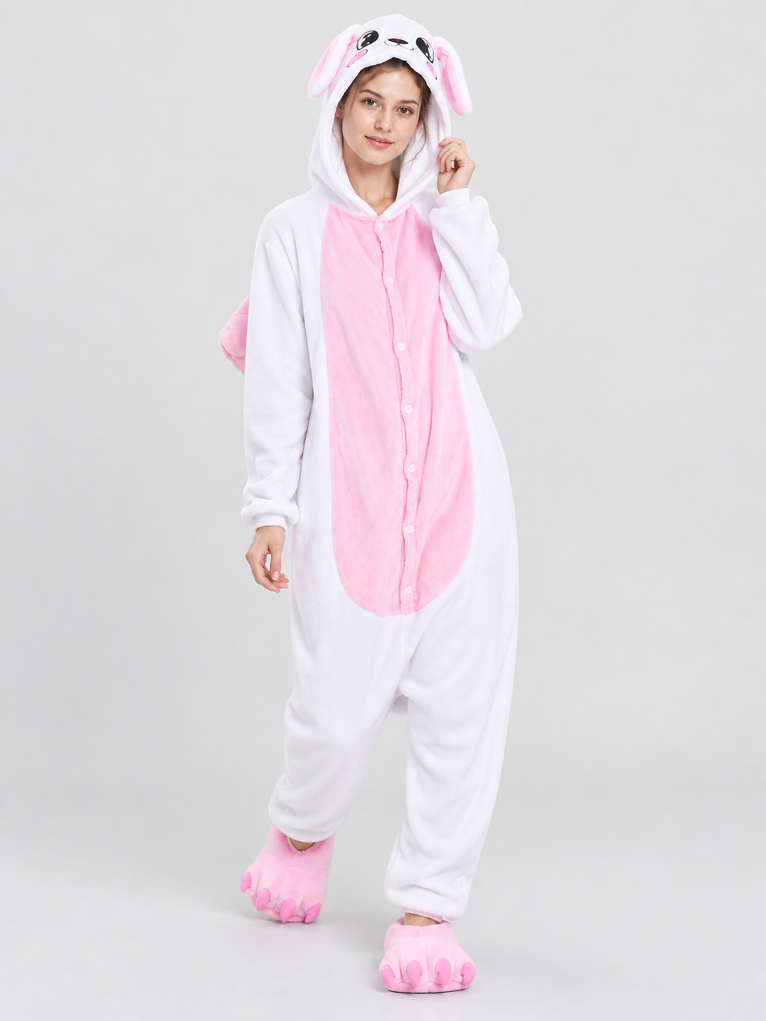 Flannel Pajama Jumpsuit, White with Animal Hood