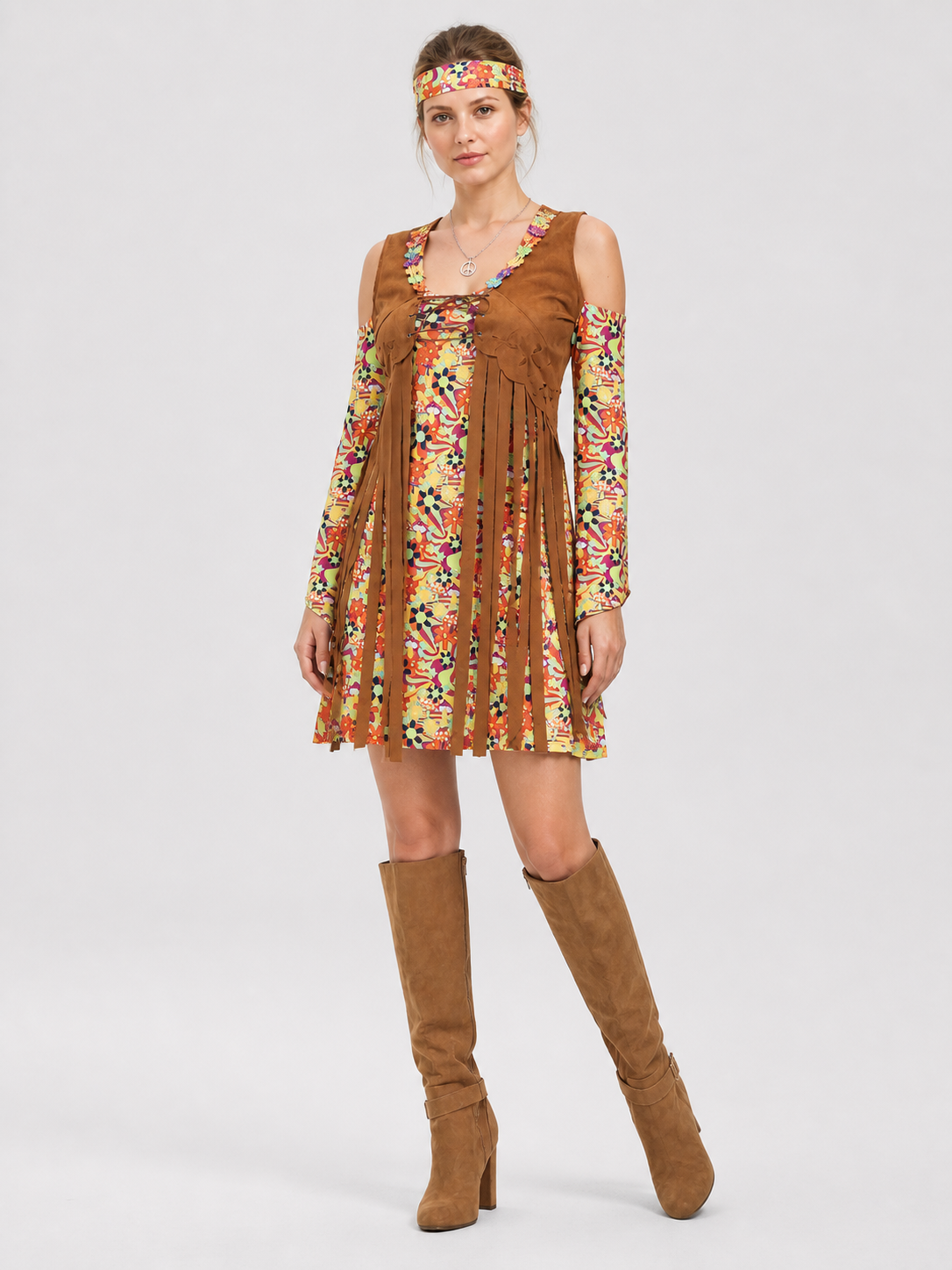 Retro Hippie Fringe Floral Print Dress Costume Dresses detail