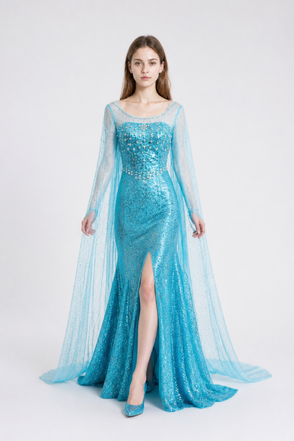 Blue Elsa Dress with Sequins and a Long Train Costume Dresses detail 2