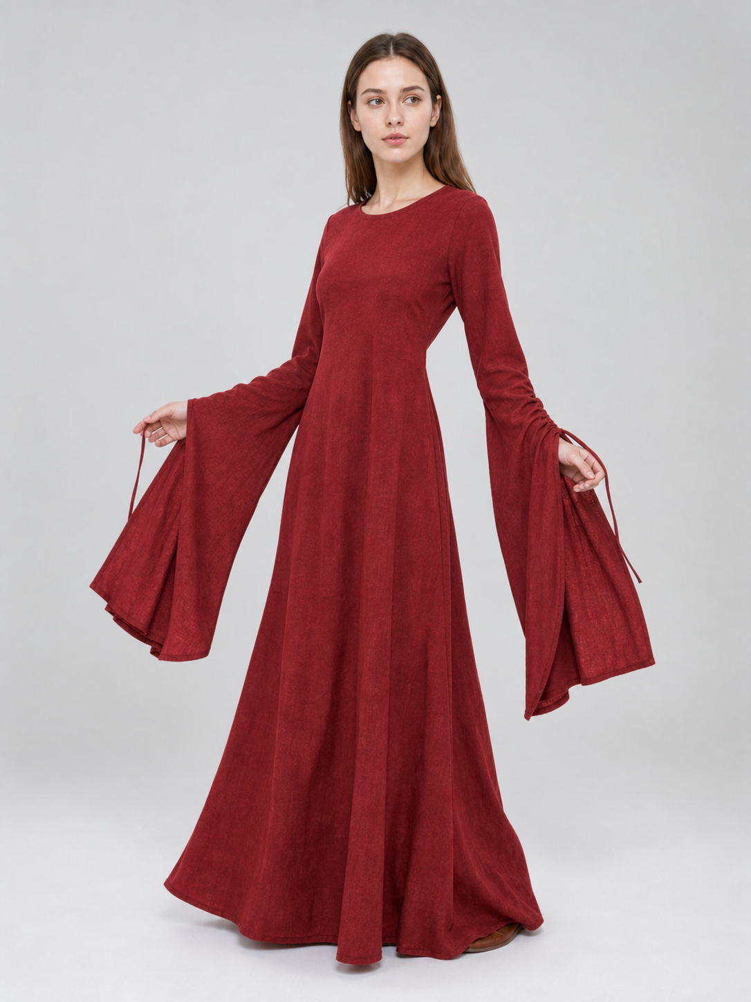 Burgundy Floor-Length Dress with Long Sleeves and Belt