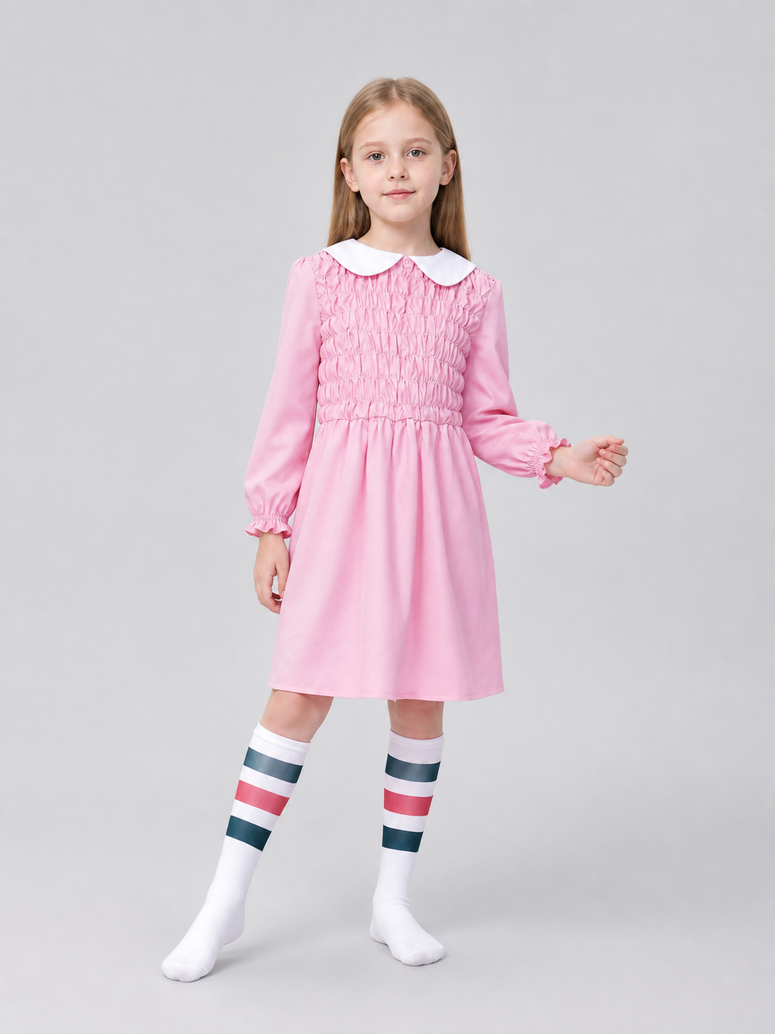 Children's Pink Dress with Collar and Striped Leg Warmers Costume Dresses detail