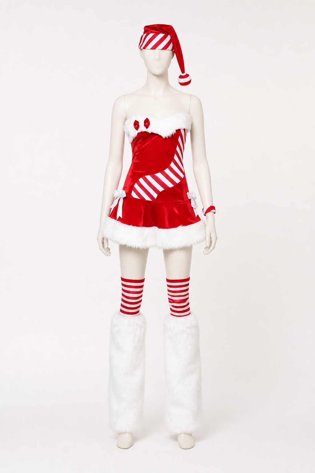 Christmas Costume with White Fuzzy Trim and Red-and-White Stripes Costumes detail 2