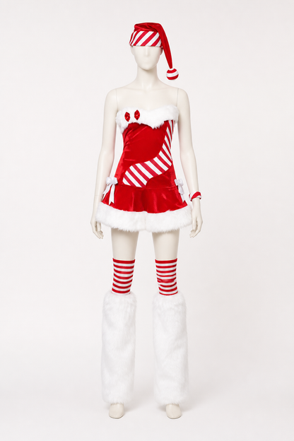 Christmas Costume with White Fuzzy Trim and Red-and-White Stripes Costumes detail 2