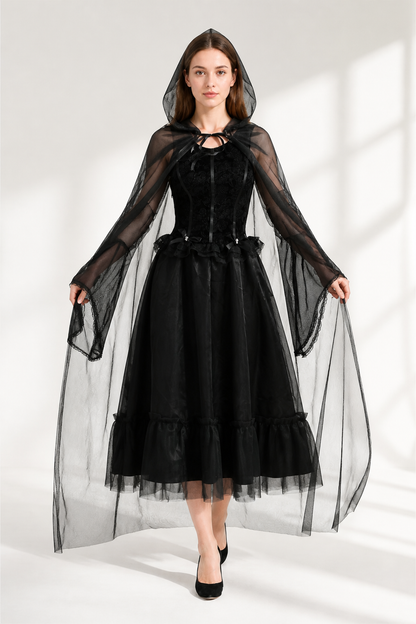 Black Gothic-Style Dress and Hooded Cape Costume Dresses detail