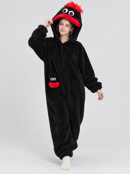 Black One-Piece Pajama Jumpsuit with Cartoon Monster