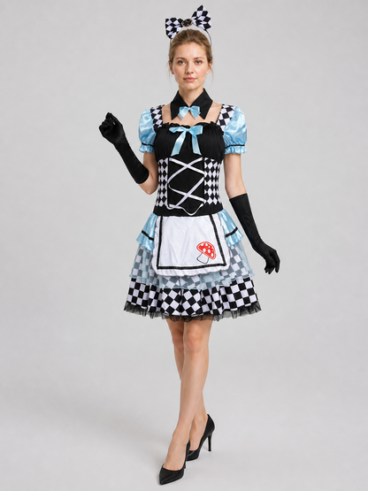 Puffy Carnival Dress with Checkerboard Print and Mushrooms Costume Dresses detail