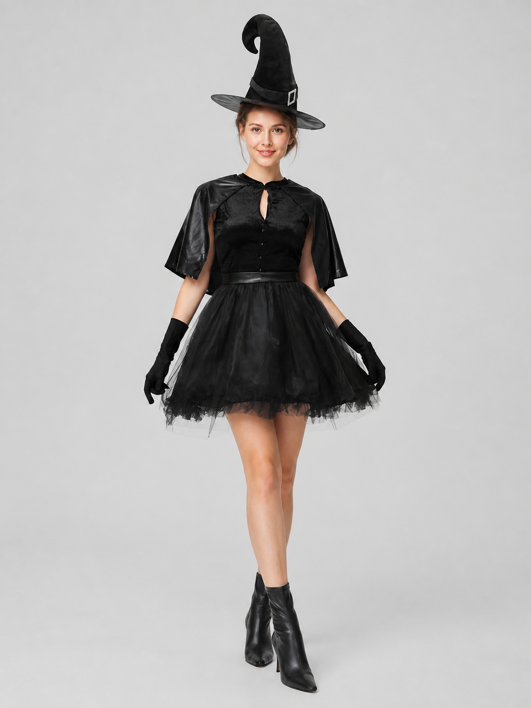 Black Witch Costume with Hat and Gloves for Halloween Costume Headwear detail 2