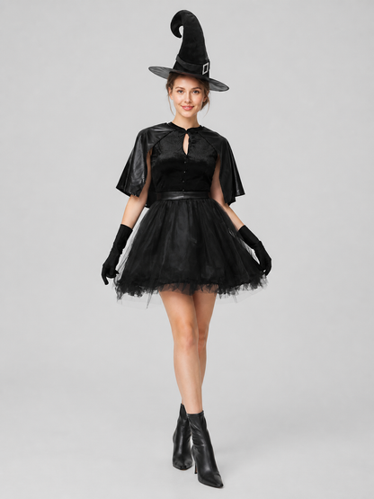 Black Witch Costume with Hat and Gloves for Halloween Costume Headwear detail 2