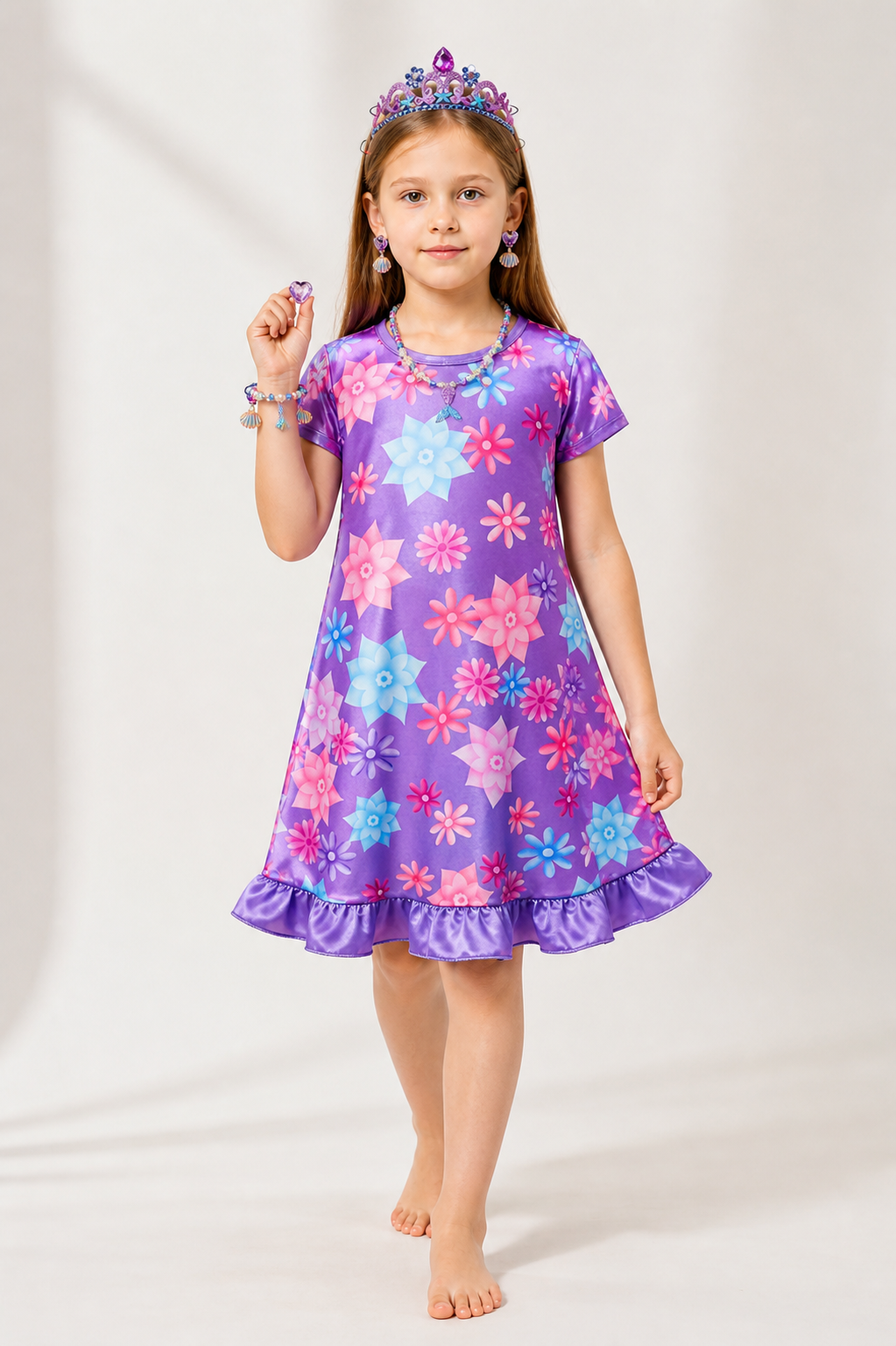Purple Dress with Floral Print and Crown