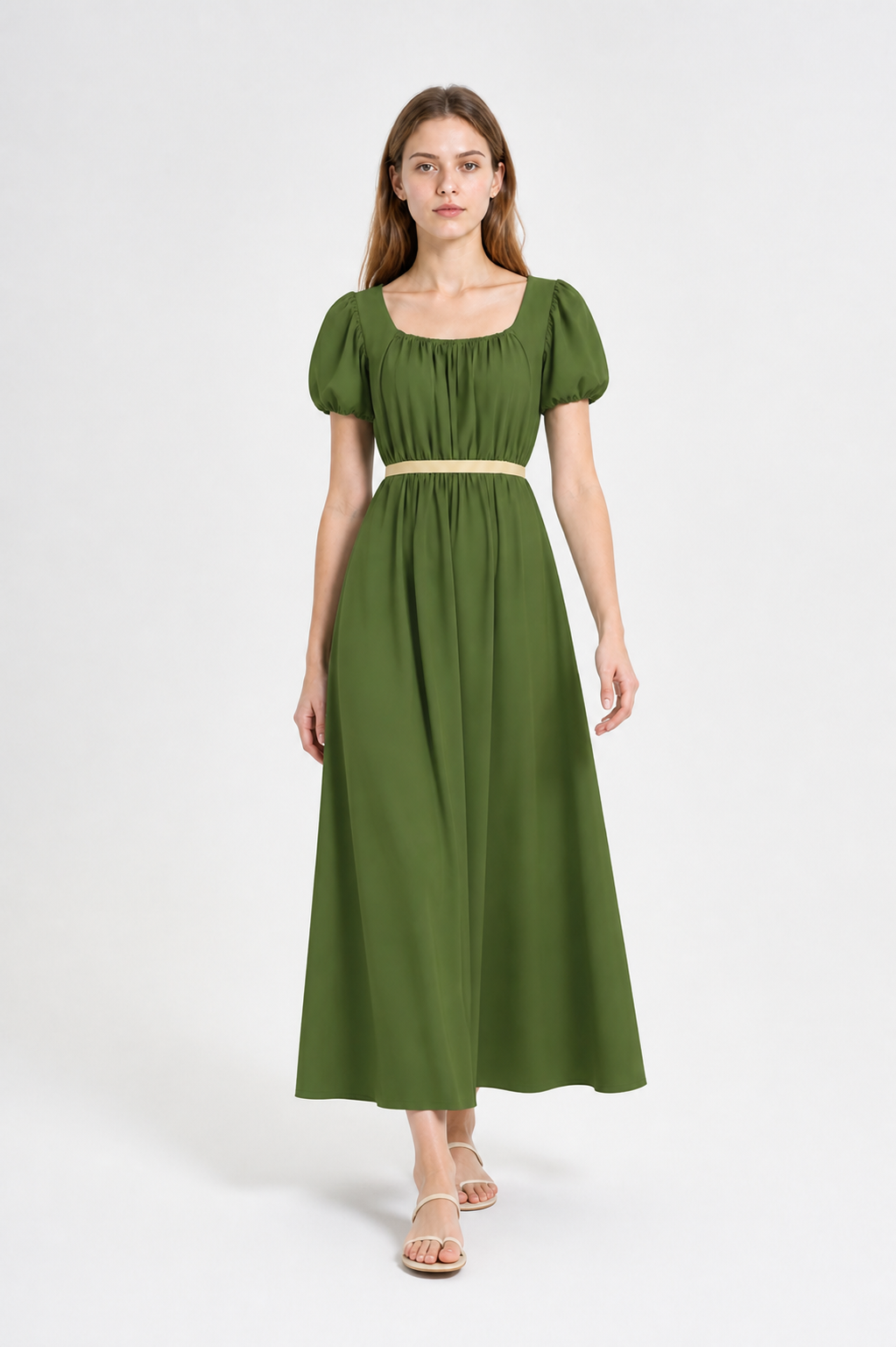 Olive Square-Neck Dress with Puff Sleeves Costume Dresses detail 2