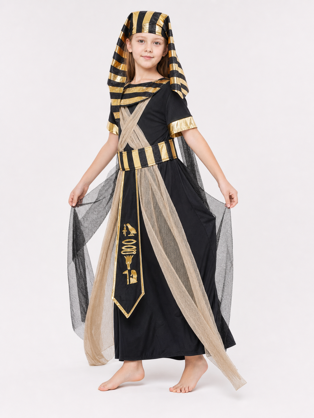 Adult Egyptian Pharaoh Costume Set, 4pcs Robe With Headdress Collar And Waist Belt, Black Gold Cosplay Outfit For Halloween Stage Performance