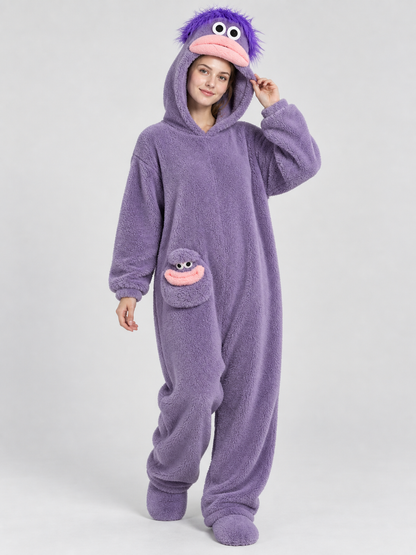 Purple Plush Cartoon Face Pajama Jumpsuit