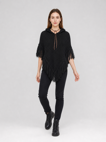 Black hooded fringed knit poncho product view 17