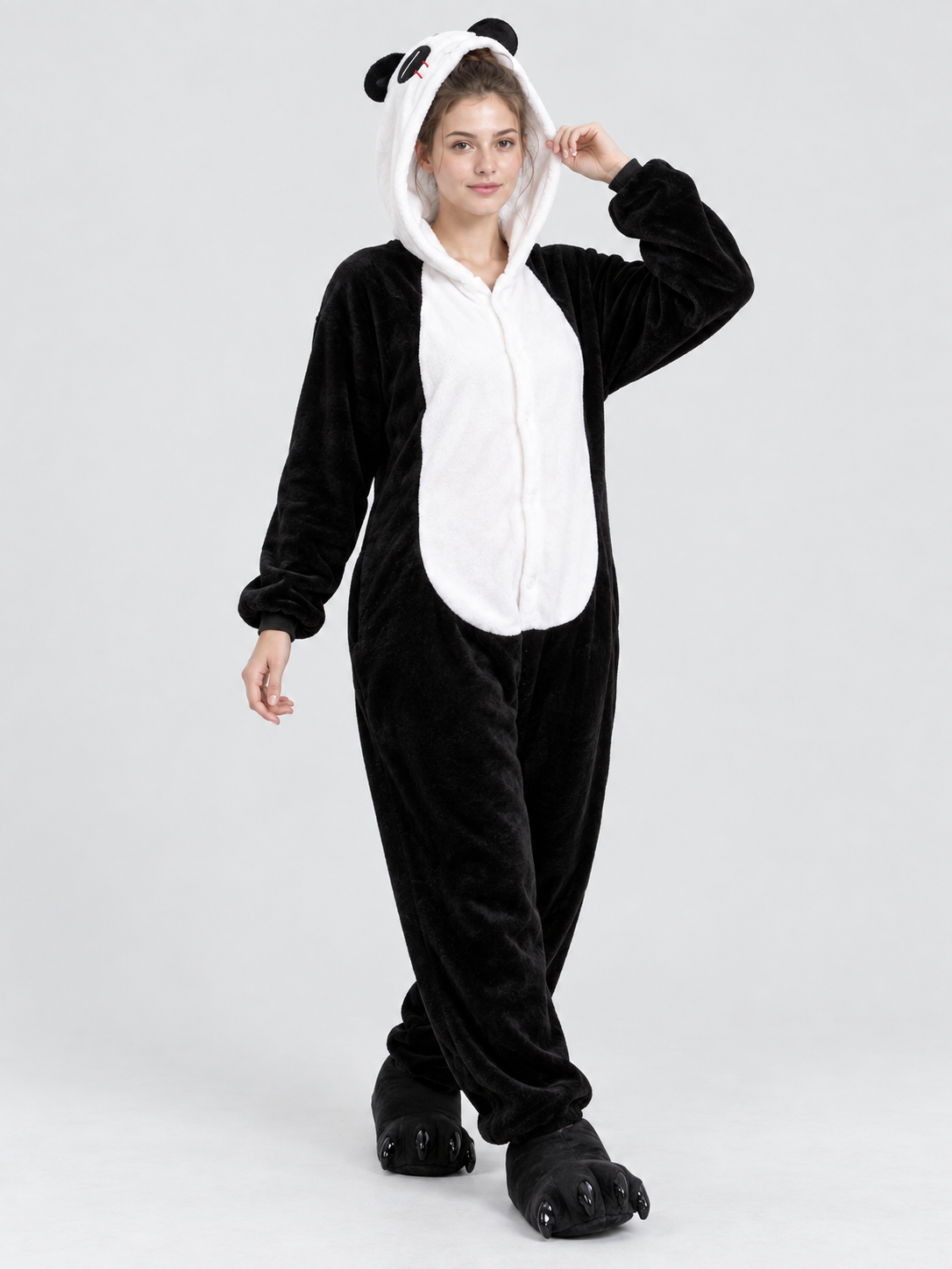 Black and White Flannel Pajama Jumpsuit with Ears