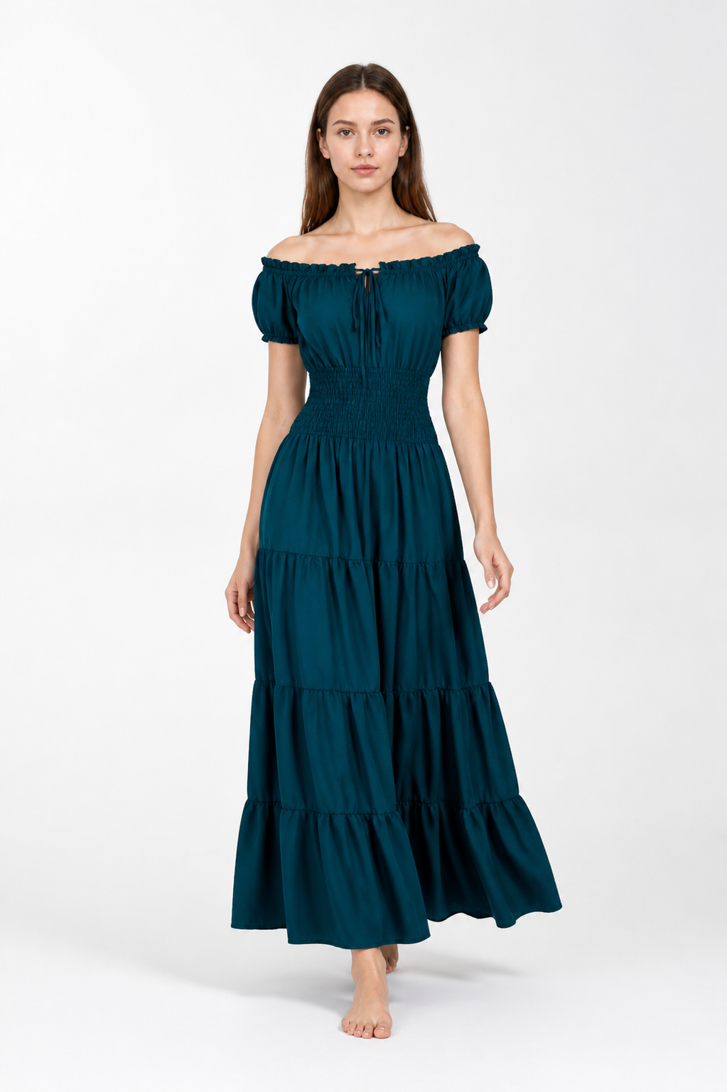 Long Dress with Off-the-Shoulder Neckline and Tiered Skirt Costume Dresses detail 2