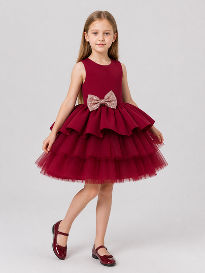 Children's Burgundy Princess Dress with Full Skirt and Bow Costume Dresses detail 2