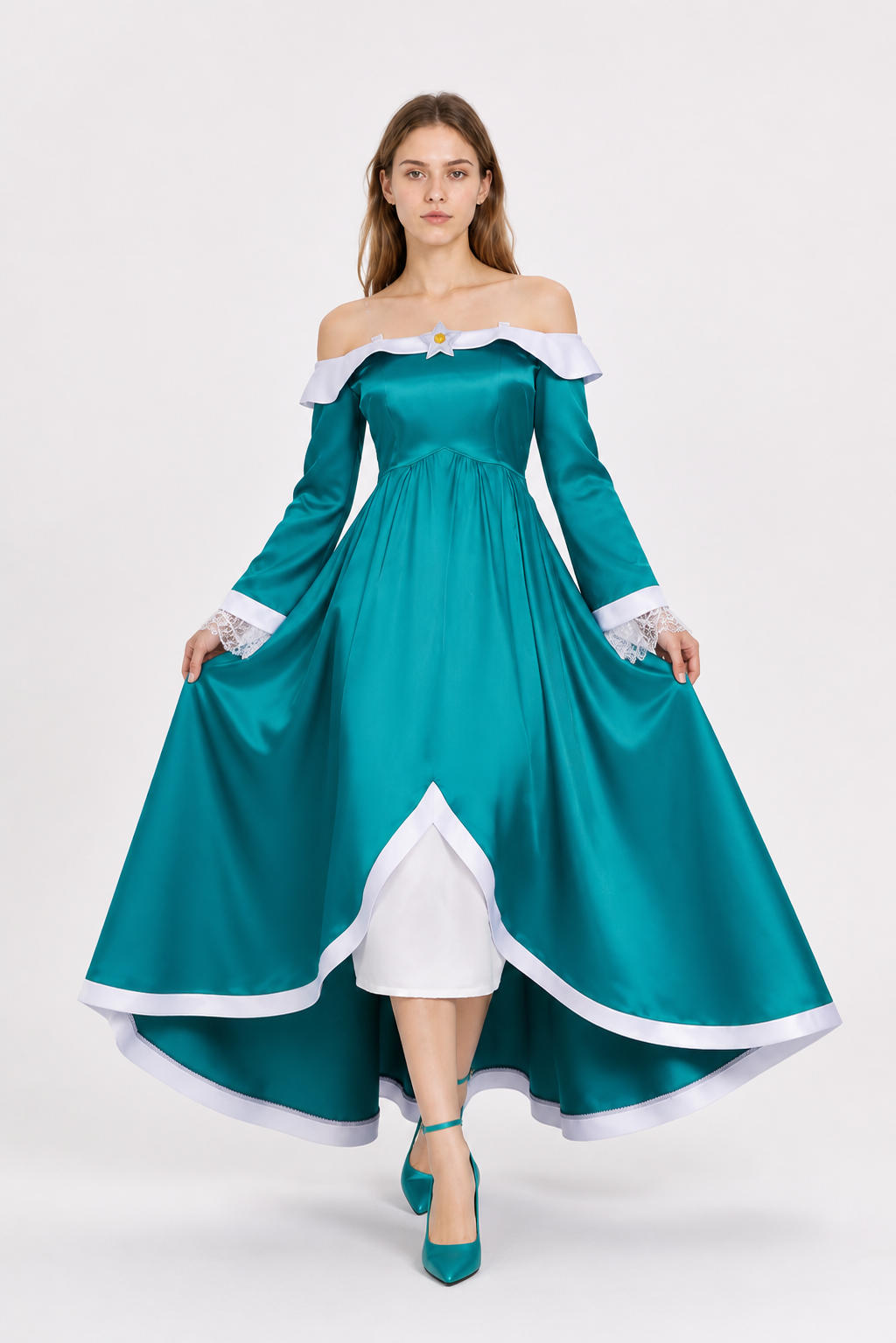 Long Stage Dress with White Collar and Brooch
