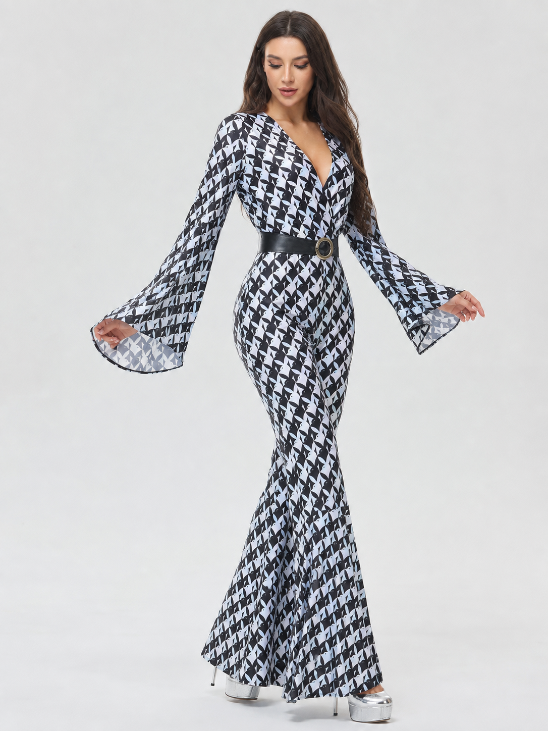 Retro Flared Jumpsuit with Geometric Print
