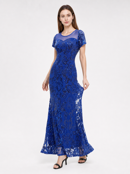 Long Evening Dress with Sequins and Pattern