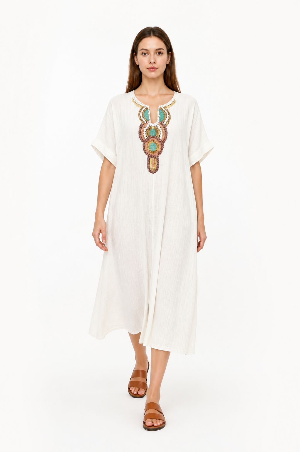 Loose-Fit Midi Dress with Beaded Embroidery