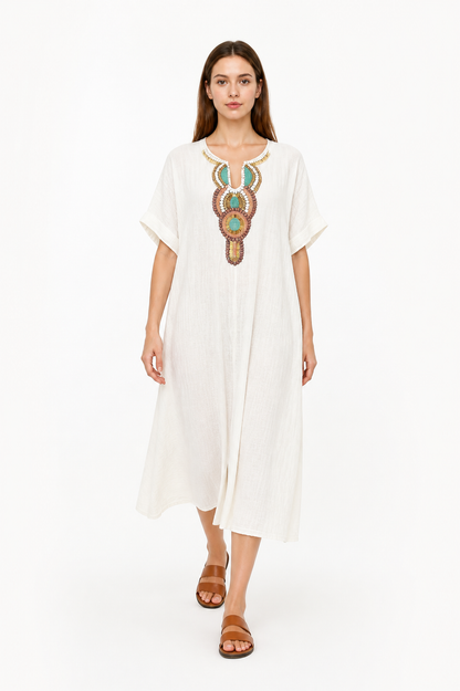 Loose-Fit Midi Dress with Beaded Embroidery
