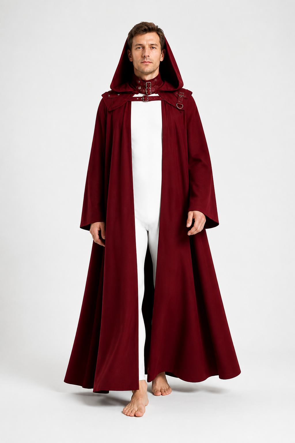 Long Dark Red Hooded Cloak with Rings Costume Capes detail 2