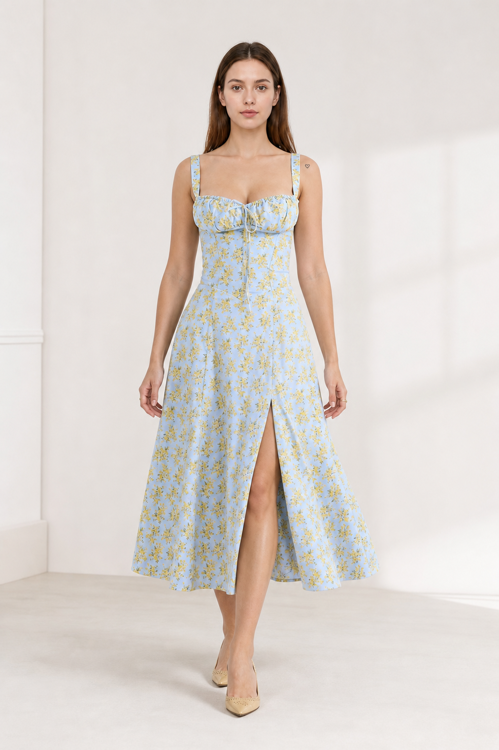 Midi Dress with Thin Straps and Front Slit
