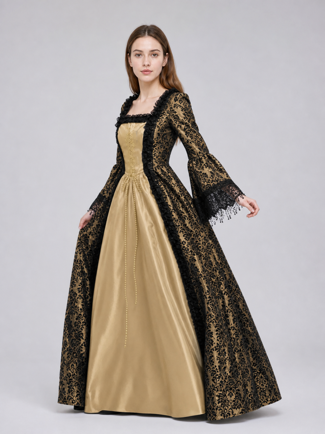 The dress is designed in a historical style with theatrical and decorative