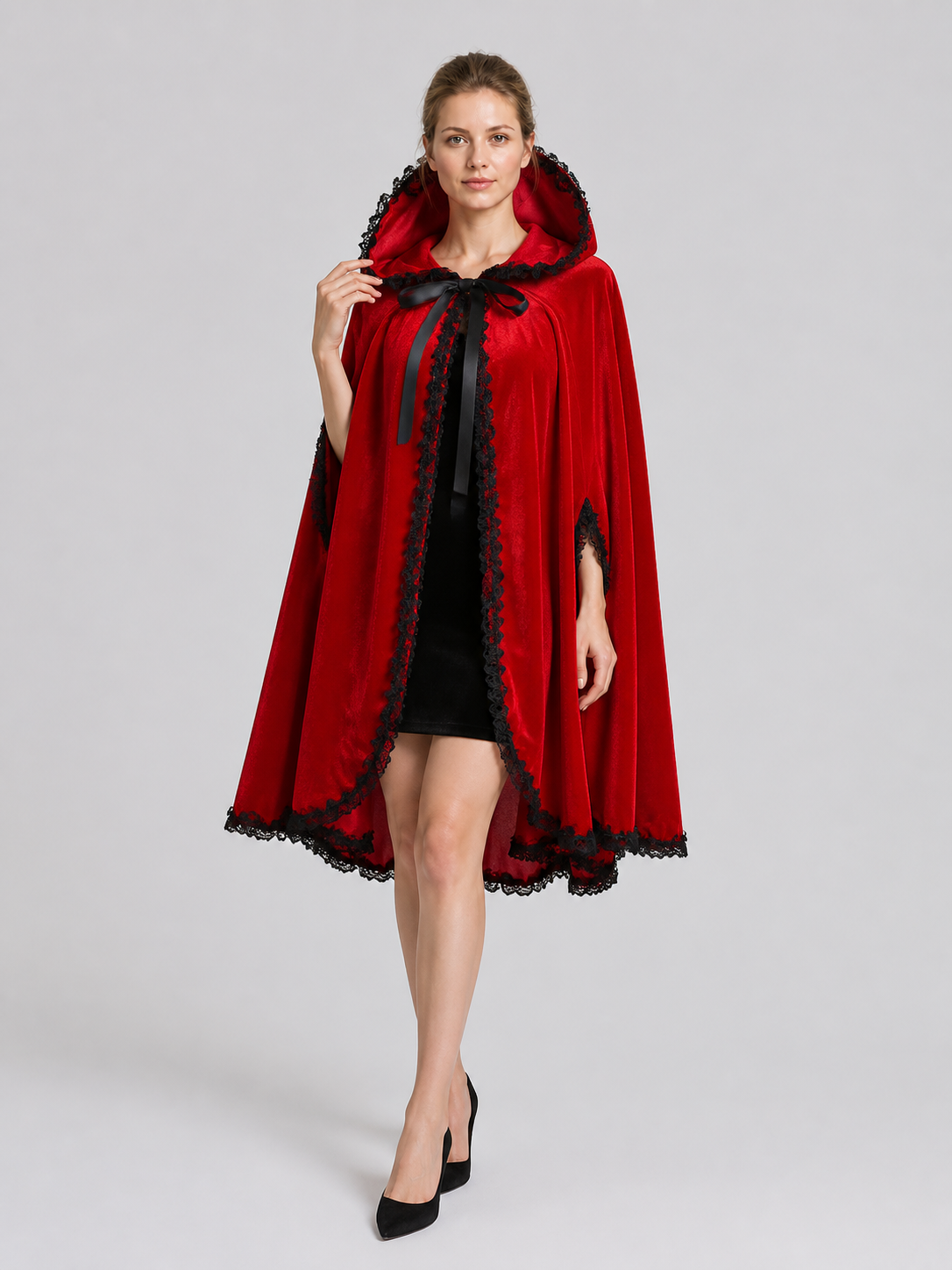 Red Short Lace Hooded Cape for Halloween Costume Capes detail 2
