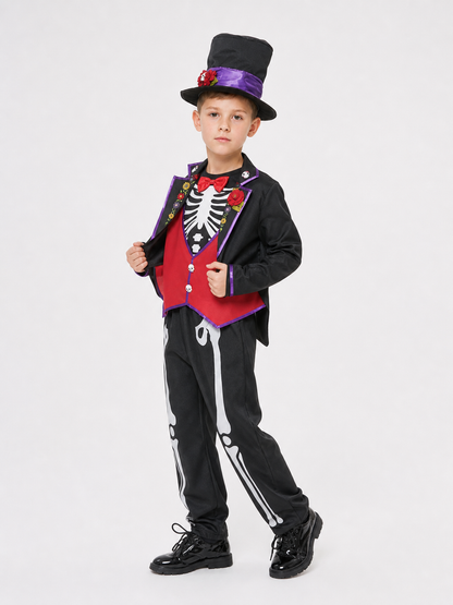 This skeleton costume is designed in the Mexican style of the Day of the Dead celebration. The outfit includes a black jacket with purple trim and floral decorations, a red vest-style front panel with decorative buttons, a red bow tie, blac