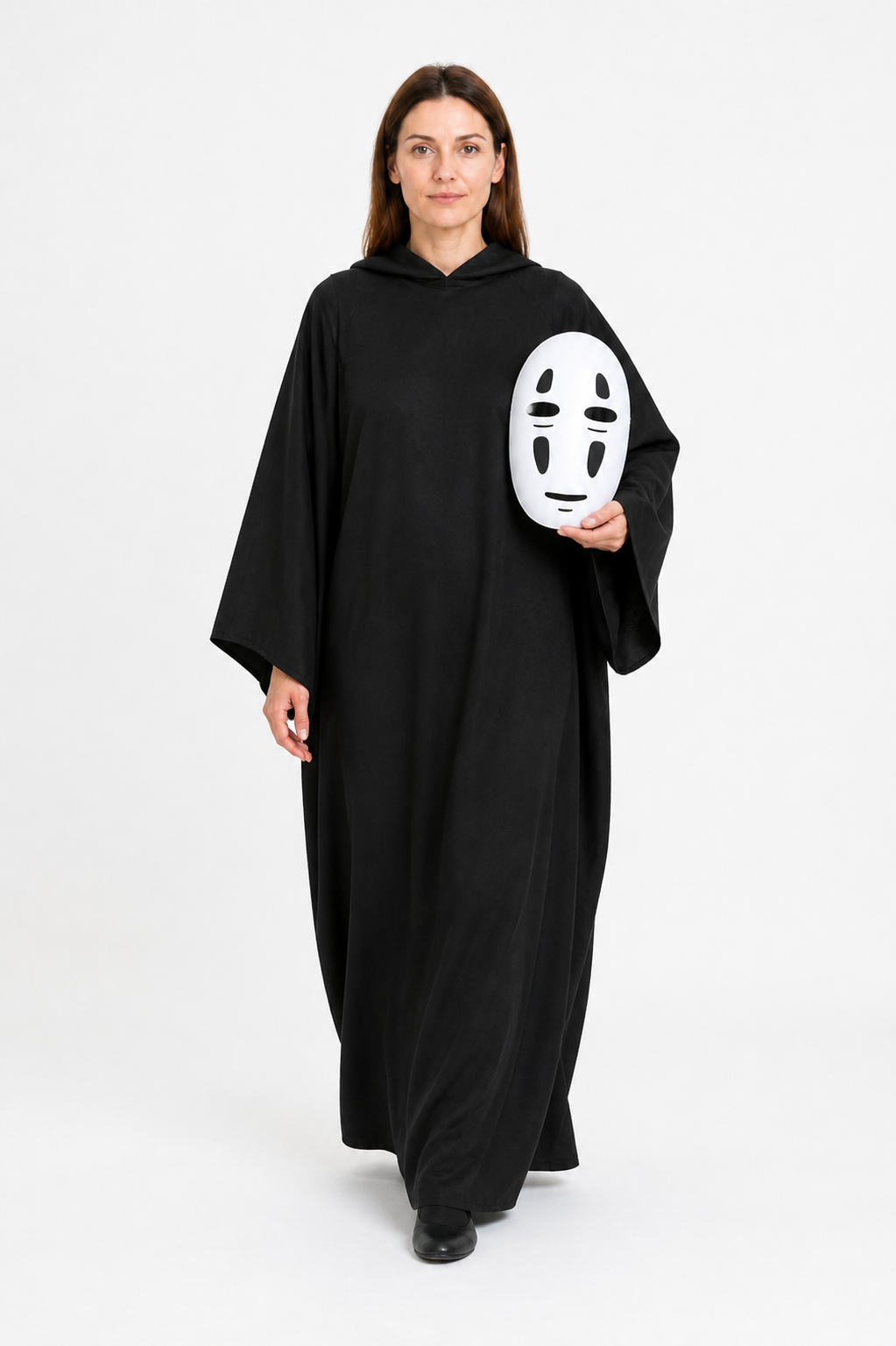 No-Face Costume: Black Hooded Robe and White Mask Costume Masks detail 2