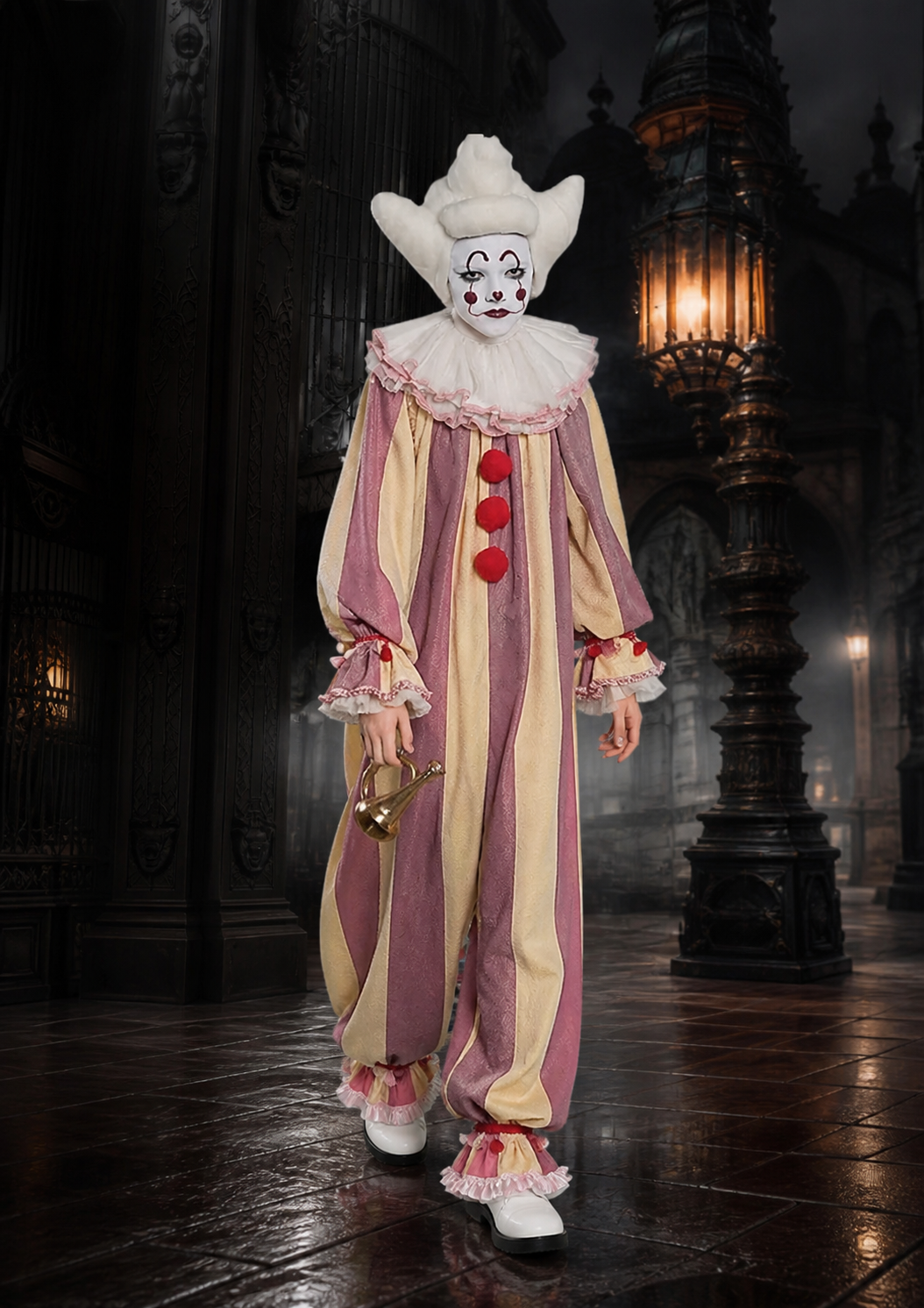 Striped Carnival Clown Jumpsuit with Pom-Poms Costumes detail 2