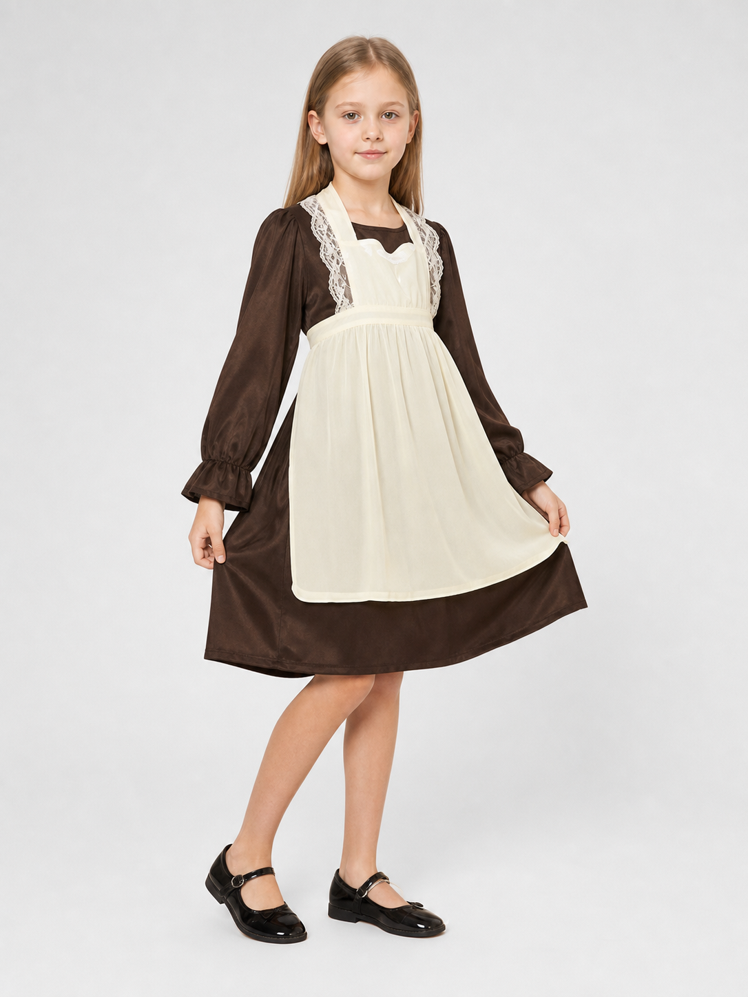 Victorian costume with dress, apron, and bonnet