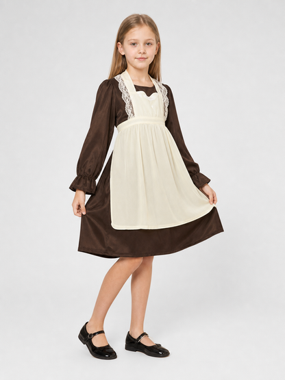Victorian costume with dress, apron, and bonnet