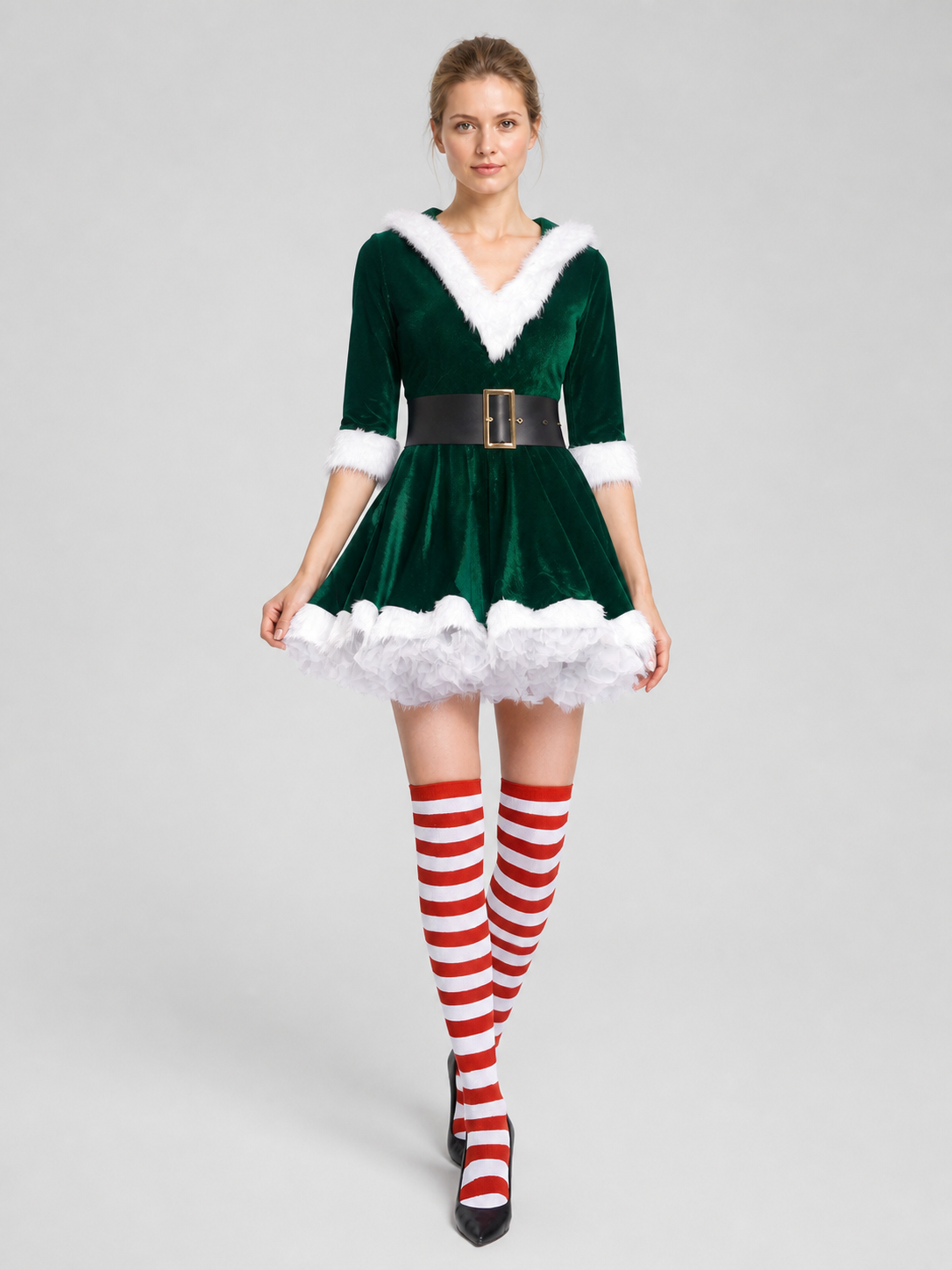 Green Santa Christmas Dress with White Fur Costume Dresses detail