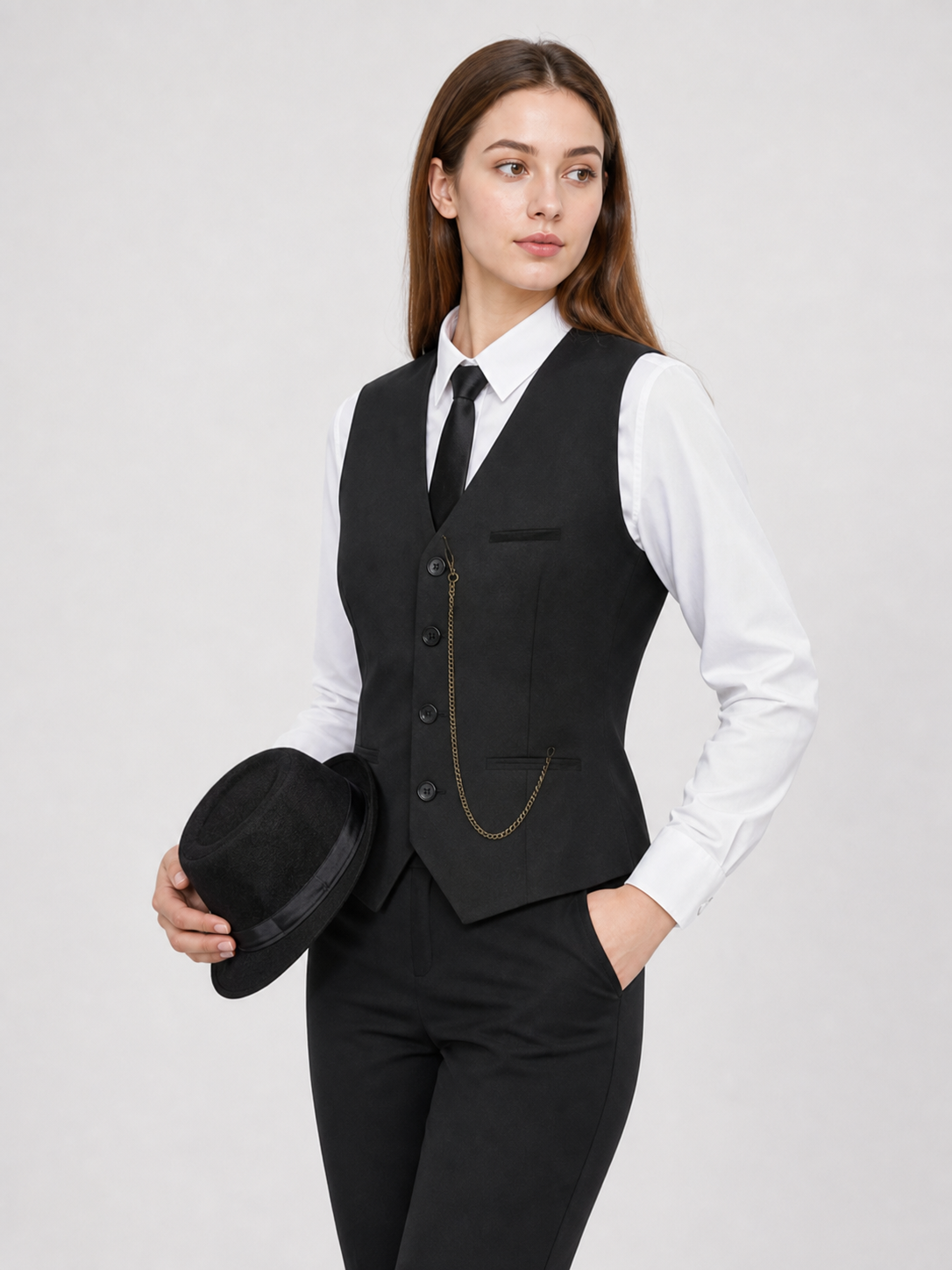 Vintage costume designed in a formal style with retro and gangster-inspired elements. The set includes a white long-sleeve shirt with a collar, a black button-front vest with lapels, a breast pocket, and lower pockets, as well as a black ne