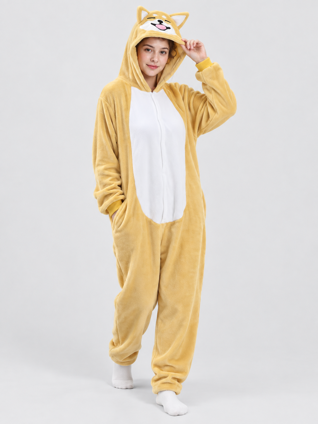 Yellow-Beige Hooded Pajama Jumpsuit with Ears
