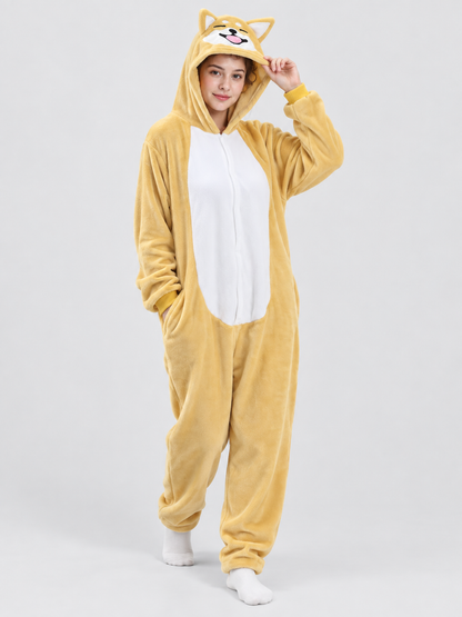 Yellow-Beige Hooded Pajama Jumpsuit with Ears