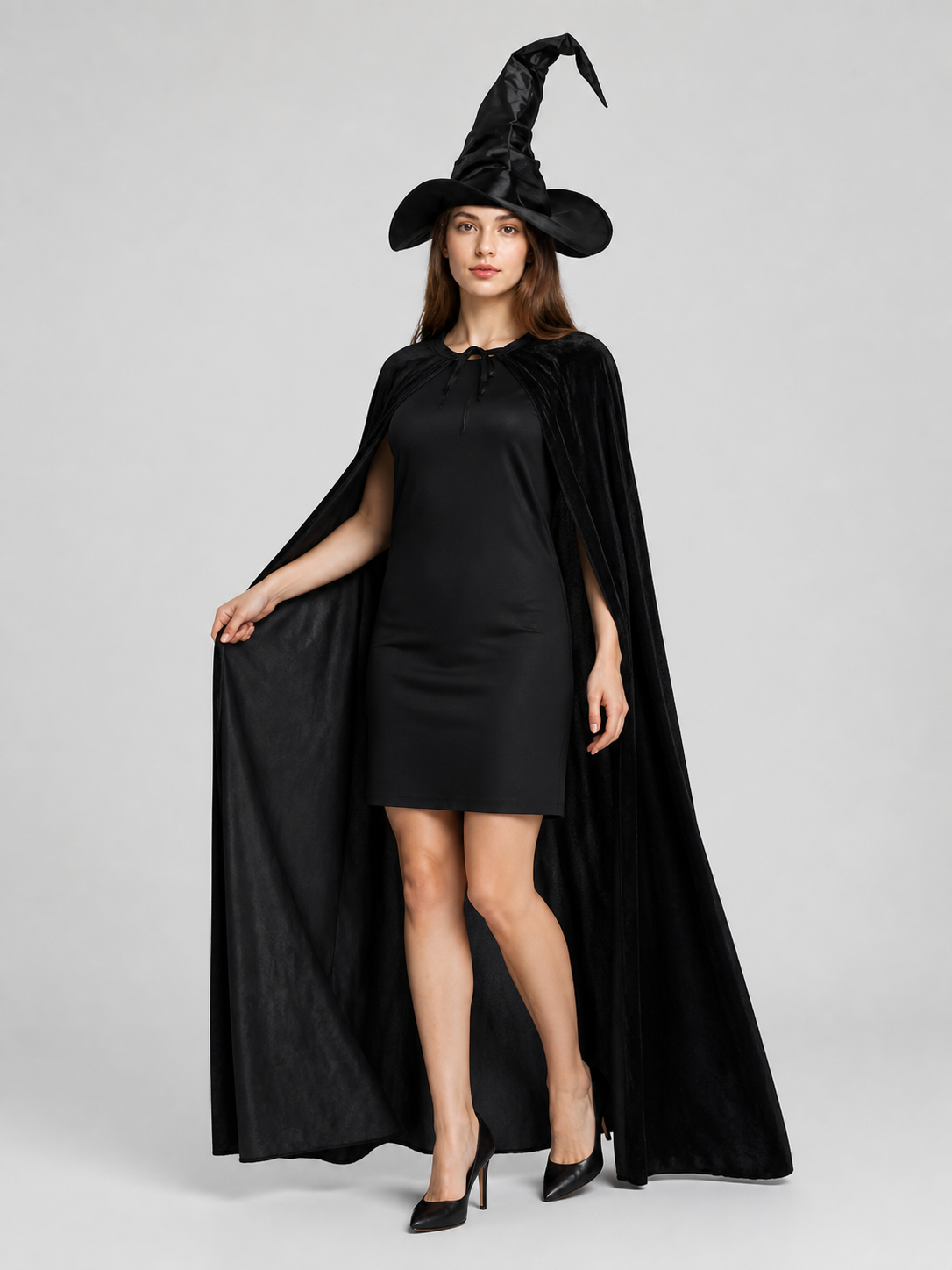 Witch Costume with Tall Hat and Long Cape