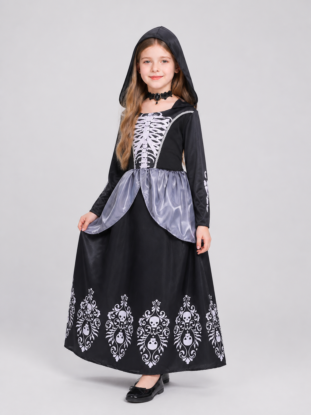 Black Halloween Dress with Hood and Skeleton Design
