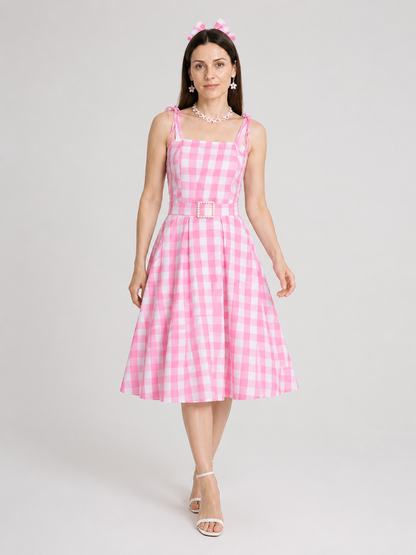 Barbie Pink-and-White Checkered Cosplay Dress Costume Dresses detail 2