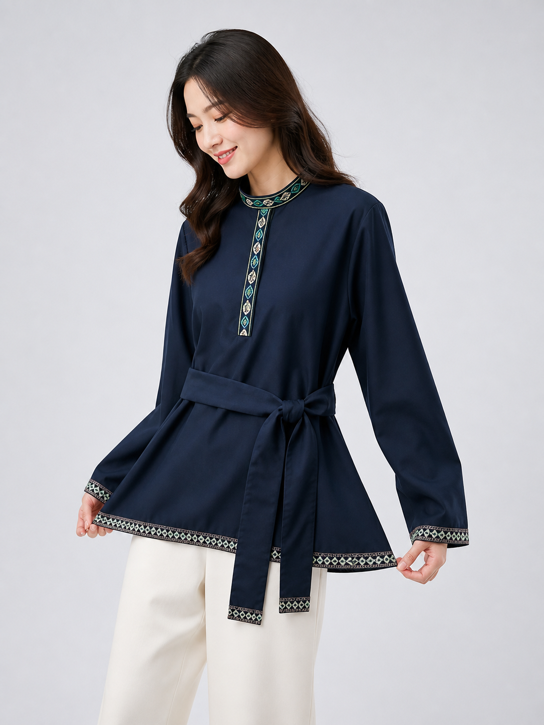 Tunic with a stand-up collar and belt, dark navy