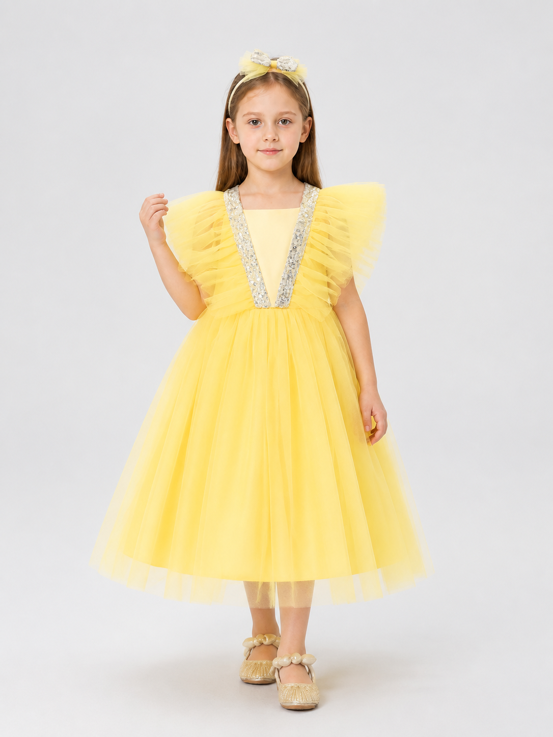 Dressy Yellow Princess Dress for Girls with a Full Skirt Costume Dresses detail 2