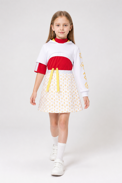 Zombie Cosplay Costume: White and Red, Asymmetrical Sleeves on-model alternate view