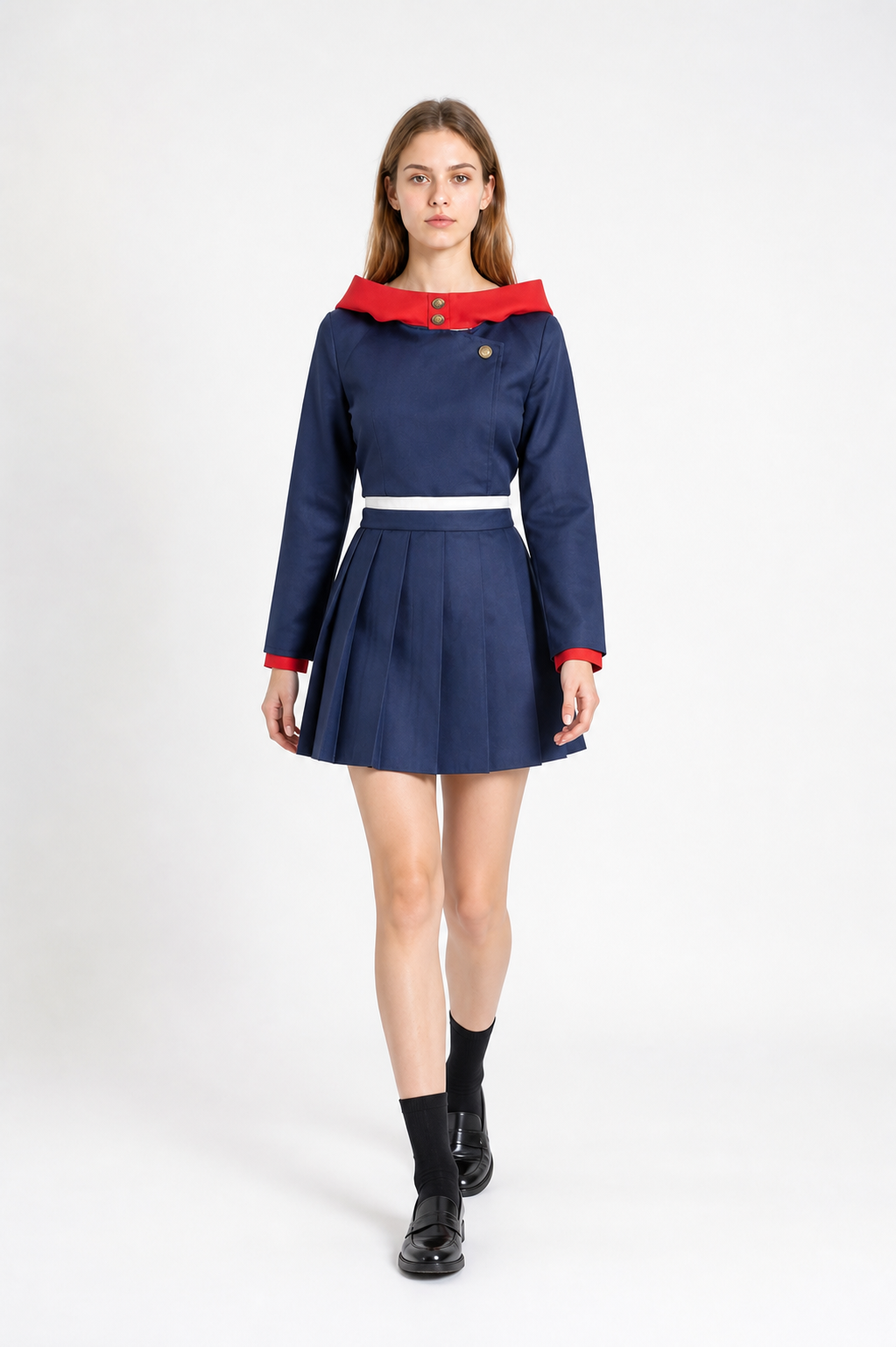 Anime cosplay costume with a pleated skirt, blue and red Costumes detail 2