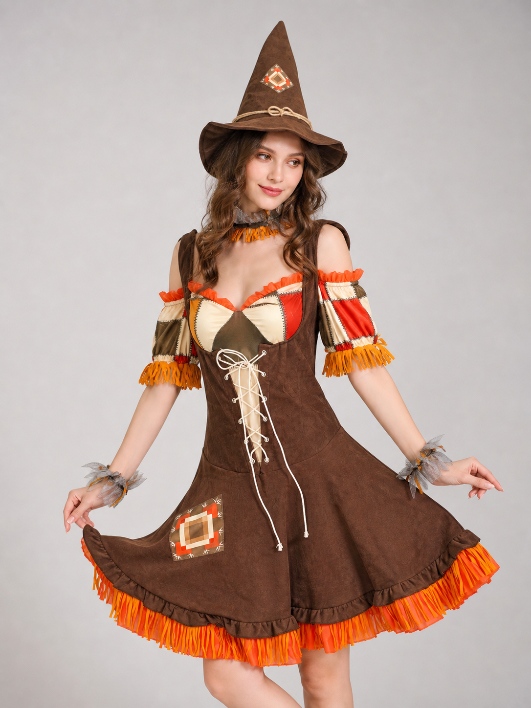 Witch costume with dress, hat, and fringe