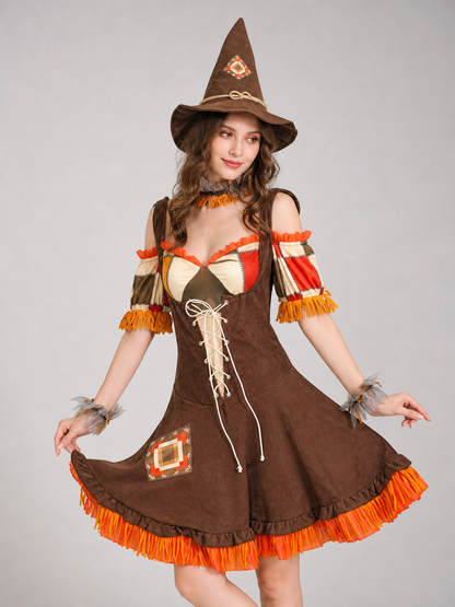 Witch costume with dress, hat, and fringe