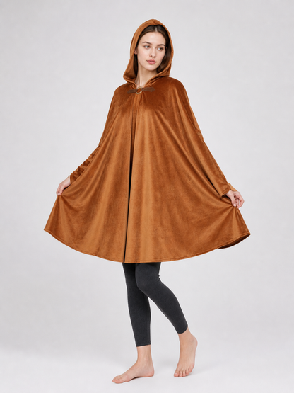 Halloween Medieval Warrior Hooded Cloak, Dark Brown Open Front Cape With Ring Clasp And Bow Strap For Cosplay Performance